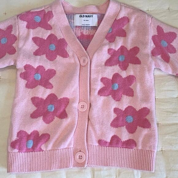 Old Navy Daisy Cotton Knit Cardigan Sweater Girls 18-24M | Pink V-Neck - Picture 2 of 8